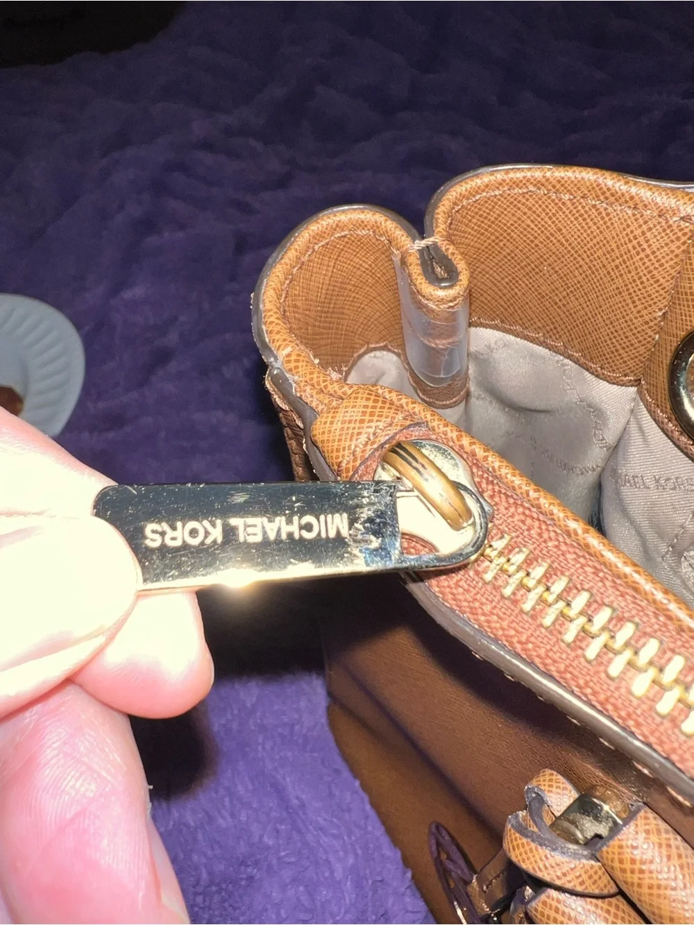 Michael Kors Saffiano Zip Pouch in Tan Brown with Gold Logo